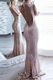 Mermaid Backless Shiny Rose Pink Sequin Prom Dress Evening Gowns Dresses