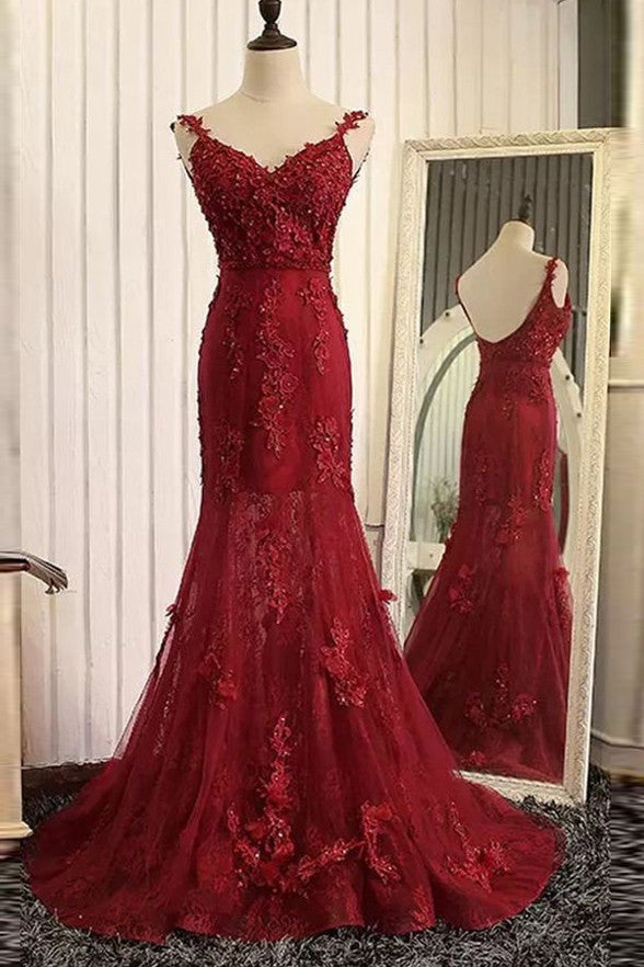 Spaghetti Straps Burgundy Lace Mermaid Prom Dresses Evening Gowns