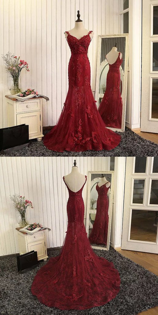 Spaghetti Straps Burgundy Lace Mermaid Prom Dresses Evening Gowns