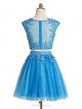 Blue Lace 2 Pieces Cap Sleeves Short Prom Dress Homecoming Dresses