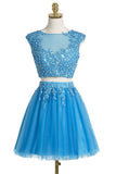 Blue Lace 2 Pieces Cap Sleeves Short Prom Dress Homecoming Dresses