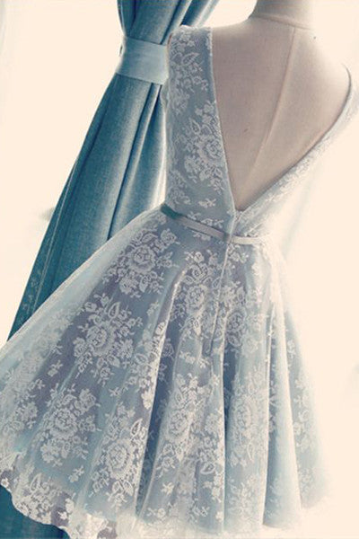 V Neck Lace Short Light Blue Prom Dress Homecoming Dresses Party Gowns