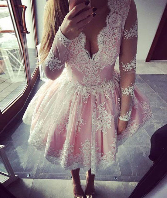 Long Sleeves Pink Short White Lace Prom Dress Homecoming Dresses For Party