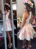High Neck Light Pink Lace Back Short Prom Dresses Party Homecoming Dress
