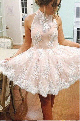 High Neck Light Pink Lace Back Short Prom Dresses Party Homecoming Dress