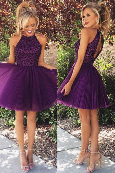 High Neck Purple Back Short Prom Dresses Homecoming Dress for Party