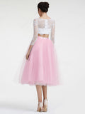 White Pink Long Sleeves 2 Pieces Prom Dress Homecoming Dresses for Party