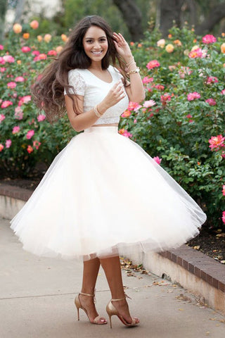 Tea Length Short Sleeves 2 Piece Prom Dress Homecoming Dresses for Party