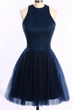 High Neck Navy Blue Back Short Party Gown Prom Dress Homecoming Dresses