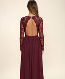 Lace Long Sleeves Dark Burgundy V Neck Bridesmaid Dress Prom Dresses Evening Gowns