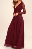 Lace Long Sleeves Dark Burgundy V Neck Bridesmaid Dress Prom Dresses Evening Gowns