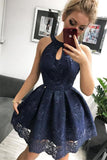 High Neck Black Lace Mini Length Homecoming Dresses Short Prom Dress