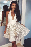 Deep V Neck Halter Ivory Lace Homecoming Dresses Short Prom Dress