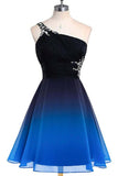One Shoulder Royal Blue Ombre Chiffon Homecoming Dresses Short Prom Dress