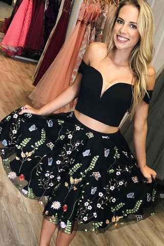 Two Piece Black Lace Off the Shoulder Homecoming Dresses Short Prom Dress