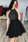 Black Lace Open Back Halter Mini Homecoming Dresses Short Prom Dress