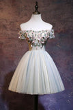 3D Flowers Off the Shoulder Short Sleeves Homecoming Dresses Short Prom Dress