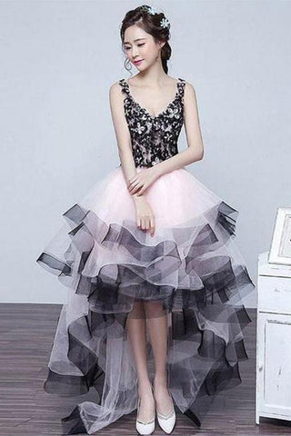 Front Short Long Back V Neck High Low Lace Fluffy Prom Dresses Homecoming Dress Hoco Gowns