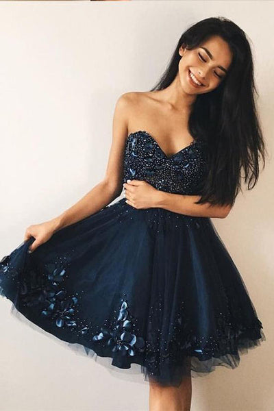 Navy Blue Sweetheart Hand Flowers Short Prom Dress Homecoming Dresses –  Laurafashionshop