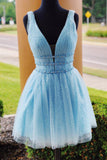 Chic Deep V Neck Open Back Light Blue Sequin Short Prom Dress Homecoming Dresses Hoco Gowns LD3015