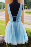 Chic Deep V Neck Open Back Light Blue Sequin Short Prom Dress Homecoming Dresses Hoco Gowns LD3015