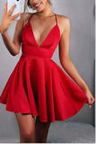 Open Back V Neck Spaghetti Straps Red Cheap Homecoming Dresses Short Prom Dress