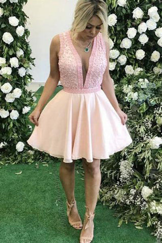 Deep V Neck Beaded Pink Mini Length Homecoming Dresses Short Prom Dress