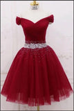 Fashion Burgundy Tulle Beaded Off the Shoulder Short Prom Dress Homecoming Dresses
