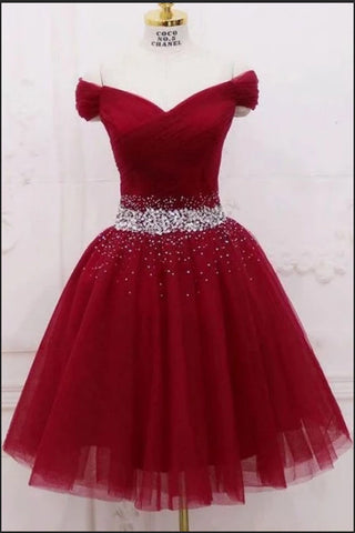 Fashion Burgundy Tulle Beaded Off the Shoulder Short Prom Dress Homecoming Dresses