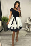 Chic Cap Sleeves V Neck Black Lace White Homecoming Dresses Short Prom Dress