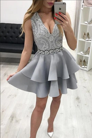 New Arrival Grey Lace Beaded V Neck Cheap Homecoming Dresses Short Prom Dress