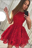 Charming High Neck Red Lace Tiered Skirt Homecoming Dresses Short Prom Dress