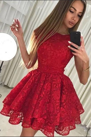 Charming High Neck Red Lace Tiered Skirt Homecoming Dresses Short Prom Dress
