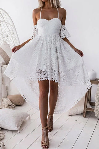Front Short Long Back Straps High Low Lace White Homecoming Dresses Prom Dress