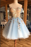 Chic Strapless Lace Appliques Light Blue Tulle Short Prom Dress Homecoming Dresses Hoco Gown