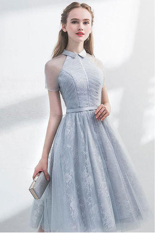 Fashion Short Sleeves High Neck Lace Knee Length Prom Dress Homecoming Dresses