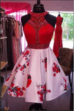 Fashion High Neck Printed Fabric Beaded Red Homecoming Dresses Short Prom Dress