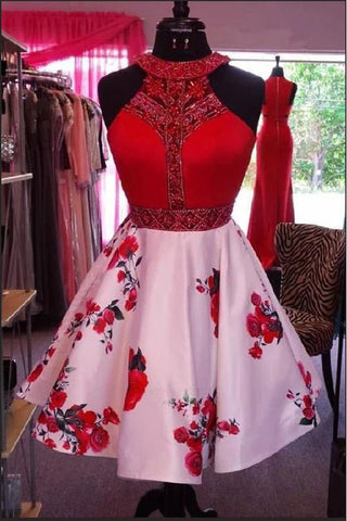 Fashion High Neck Printed Fabric Beaded Red Homecoming Dresses Short Prom Dress