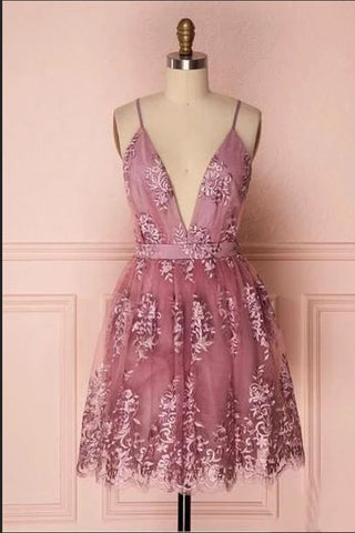 Deep V Neck Spaghetti Straps Lace Party Homecoming Dresses Short Prom Dress