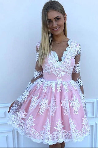 Princess Long Sleeves White Lace Pink V Neck Homecoming Dresses Short Prom Dress