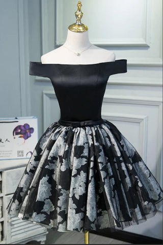 New Arrival Black Satin Off the Shoulder Cute Homecoming Dresses Short Prom Dress