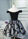 New Arrival Black Satin Off the Shoulder Cute Homecoming Dresses Short Prom Dress