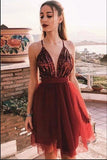 Deep V Neck Sequin Burgundy Tulle Sexy Short Prom Dress Homecoming Dresses