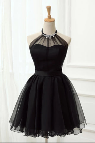 Elegant Halter Black Tulle Beaded Short Cute Prom Dress Homecoming Dresses Party Hoco Gowns