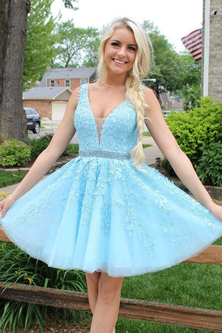 Open Back Lace Light Blue Beaded V Neck Short Cute Prom Dress Homecoming Dresses
