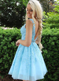 Open Back Lace Light Blue Beaded V Neck Short Cute Prom Dress Homecoming Dresses