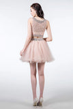 Heavy Beaded Two Piece Pink Tulle Cute Prom Dress Short Homecoming Dresses