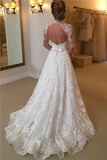 A Line Backless High Neck Lace Long Sleeves Wedding Dresses Bridal Gowns