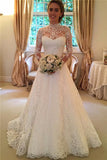 A Line Backless High Neck Lace Long Sleeves Wedding Dresses Bridal Gowns