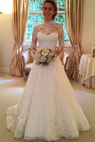 A Line Backless High Neck Lace Long Sleeves Wedding Dresses Bridal Gowns